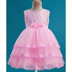 Babyhug Mesh Woven Sleeveless Embellished Sequins on Yoke Party Dress with Lace Detailing & Floral Corsage - Light  Pink