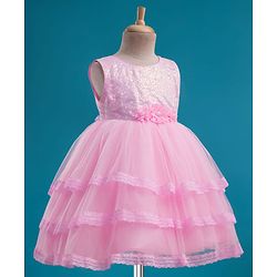 Babyhug Mesh Woven Sleeveless Embellished Sequins on Yoke Party Dress with Lace Detailing & Floral Corsage - Light  Pink