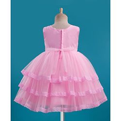 Babyhug Mesh Woven Sleeveless Embellished Sequins on Yoke Party Dress with Lace Detailing & Floral Corsage - Light  Pink