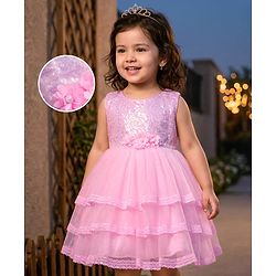 Babyhug Mesh Woven Sleeveless Embellished Sequins on Yoke Party Dress with Lace Detailing & Floral Corsage - Light  Pink
