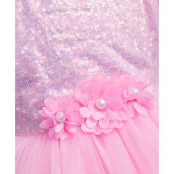 Babyhug Mesh Woven Sleeveless Embellished Sequins on Yoke Party Dress with Lace Detailing & Floral Corsage - Light  Pink