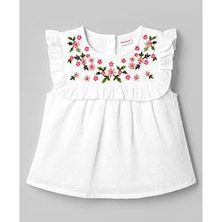 Babyhug 100% Cotton Swiss Dot Woven Frill Sleeves Floral Embroidered Top With Schiffli Detailing - Multicolor