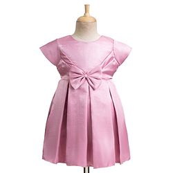 Babyhug Satin Woven Half Puff Sleeves Glass Nylon Fit & Flare Party Dress with Yoke Pleating & Bow - Pink