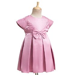Babyhug Satin Woven Half Puff Sleeves Glass Nylon Fit & Flare Party Dress with Yoke Pleating & Bow - Pink