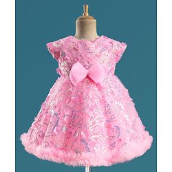 Babyhug Mesh Woven Cap Sleeves Party Dress With Floral Applique & Sequin Detailing - Dark Pink