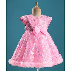 Babyhug Mesh Woven Cap Sleeves Party Dress With Floral Applique & Sequin Detailing - Dark Pink