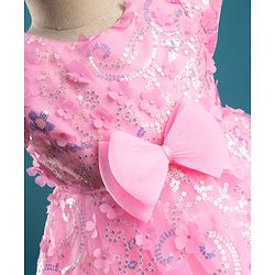Babyhug Mesh Woven Cap Sleeves Party Dress With Floral Applique & Sequin Detailing - Dark Pink