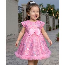 Babyhug Mesh Woven Cap Sleeves Party Dress With Floral Applique & Sequin Detailing - Dark Pink