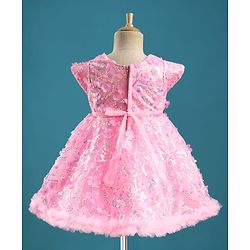 Babyhug Mesh Woven Cap Sleeves Party Dress With Floral Applique & Sequin Detailing - Dark Pink