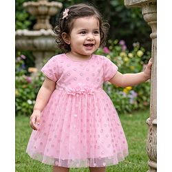 Babyhug Mesh Woven Cap Sleeves Foil Printed Party Dress With Floral Corsage - Light Pink