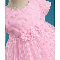 Babyhug Mesh Woven Cap Sleeves Foil Printed Party Dress With Floral Corsage - Light Pink
