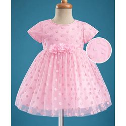 Babyhug Mesh Woven Cap Sleeves Foil Printed Party Dress With Floral Corsage - Light Pink