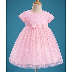 Babyhug Mesh Woven Cap Sleeves Foil Printed Party Dress With Floral Corsage - Light Pink