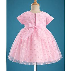 Babyhug Mesh Woven Cap Sleeves Foil Printed Party Dress With Floral Corsage - Light Pink