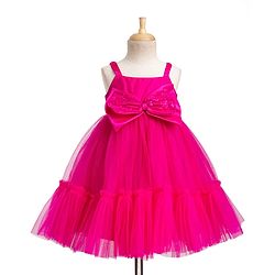Babyhug Mesh Woven Sleeveless Party Dress With Sequin Bow Applique - Dark Pink