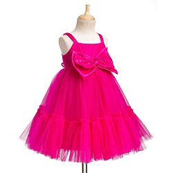 Babyhug Mesh Woven Sleeveless Party Dress With Sequin Bow Applique - Dark Pink