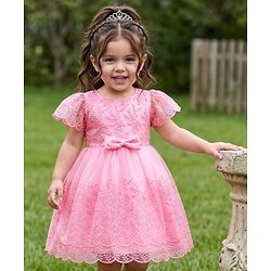 Babyhug Mesh Woven Half Frill Sleeves Floral Embroidered Party Dress with Bow Applique - Light Pink
