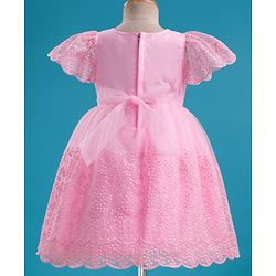 Babyhug Mesh Woven Half Frill Sleeves Floral Embroidered Party Dress with Bow Applique - Light Pink