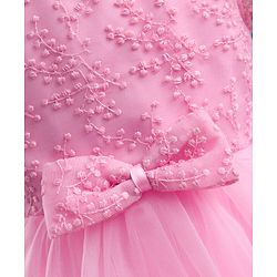 Babyhug Mesh Woven Half Frill Sleeves Floral Embroidered Party Dress with Bow Applique - Light Pink