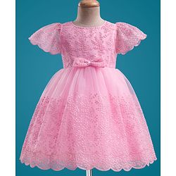 Babyhug Mesh Woven Half Frill Sleeves Floral Embroidered Party Dress with Bow Applique - Light Pink