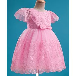 Babyhug Mesh Woven Half Frill Sleeves Floral Embroidered Party Dress with Bow Applique - Light Pink