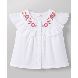Babyhug 100% Cotton Woven Top with Embroidery Detailing, Frill Sleeves Multi Color 6-9 Months