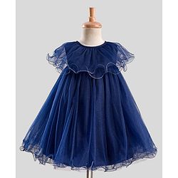 Babyhug Mesh Woven Sleeveless Solid Party Dress With Frill Detailing - Navy Blue