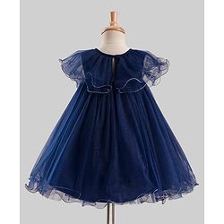 Babyhug Mesh Woven Sleeveless Solid Party Dress With Frill Detailing - Navy Blue
