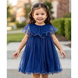 Babyhug Mesh Woven Sleeveless Solid Party Dress With Frill Detailing - Navy Blue