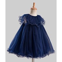 Babyhug Mesh Woven Sleeveless Solid Party Dress With Frill Detailing - Navy Blue