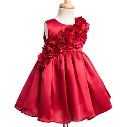 Babyhug Satin Woven Sleeveless Party Dress with Floral Corsage - Red