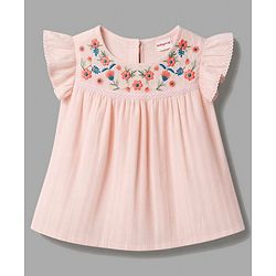 Babyhug 100% Cotton Knit Sleeveless Floral Embroidered Top - Peach