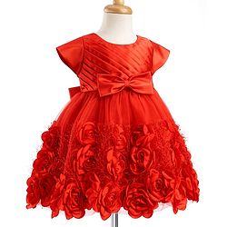 Babyhug Mesh Woven Cap Sleeves Yoke Pleated Party Dress With Floral & Bow Applique - Red