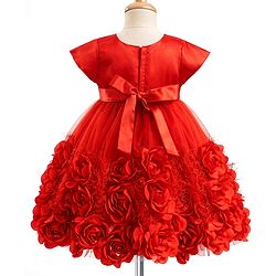 Babyhug Mesh Woven Cap Sleeves Yoke Pleated Party Dress With Floral & Bow Applique - Red