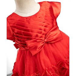 Babyhug Mesh Woven Cap Sleeves Yoke Pleated Party Dress With Floral & Bow Applique - Red