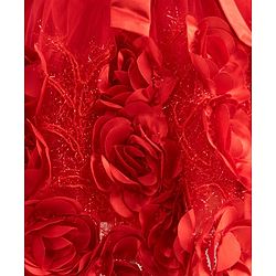 Babyhug Mesh Woven Cap Sleeves Yoke Pleated Party Dress With Floral & Bow Applique - Red