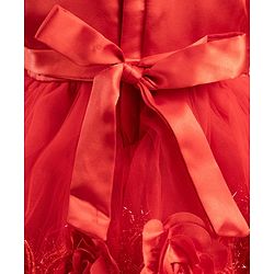Babyhug Mesh Woven Cap Sleeves Yoke Pleated Party Dress With Floral & Bow Applique - Red