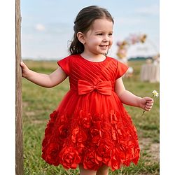 Babyhug Mesh Woven Cap Sleeves Yoke Pleated Party Dress With Floral & Bow Applique - Red
