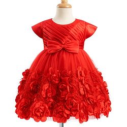 Babyhug Mesh Woven Cap Sleeves Yoke Pleated Party Dress With Floral & Bow Applique - Red