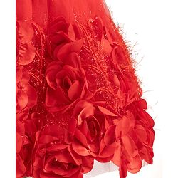 Babyhug Mesh Woven Cap Sleeves Yoke Pleated Party Dress With Floral & Bow Applique - Red