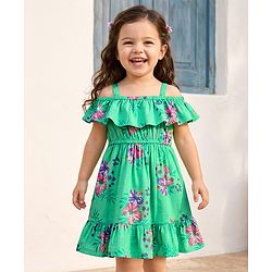 Babyhug Single Jersey Knit Frill Sleeves Floral Printed Frock - Sea Green