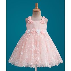 Babyhug Mesh Woven Sleeveless Party Dress With Floral Corsage & Sequin Detailing - Peach