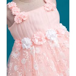 Babyhug Mesh Woven Sleeveless Party Dress With Floral Corsage & Sequin Detailing - Peach