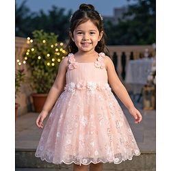 Babyhug Mesh Woven Sleeveless Party Dress With Floral Corsage & Sequin Detailing - Peach