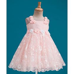 Babyhug Mesh Woven Sleeveless Party Dress With Floral Corsage & Sequin Detailing - Peach