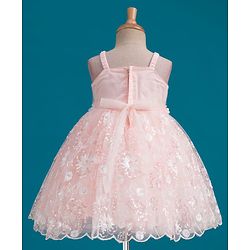 Babyhug Mesh Woven Sleeveless Party Dress With Floral Corsage & Sequin Detailing - Peach