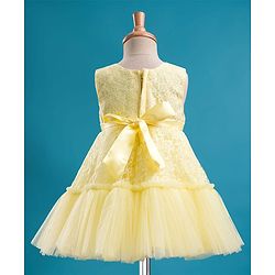 Babyhug Mesh Woven Sleeveless Floral Embroidered 5 Layer Tiered Party Dress with Satin Bow Applique - Yellow