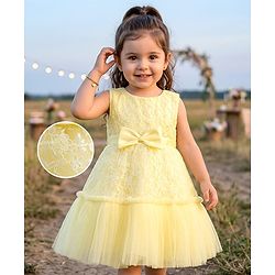 Babyhug Mesh Woven Sleeveless Floral Embroidered 5 Layer Tiered Party Dress with Satin Bow Applique - Yellow