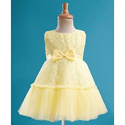 Babyhug Mesh Woven Sleeveless Floral Embroidered 5 Layer Tiered Party Dress with Satin Bow Applique - Yellow