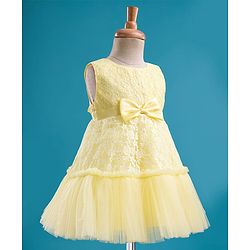 Babyhug Mesh Woven Sleeveless Floral Embroidered 5 Layer Tiered Party Dress with Satin Bow Applique - Yellow
